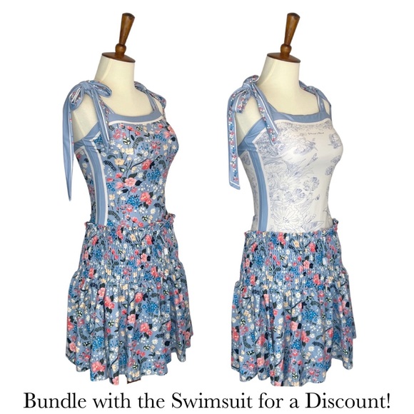 Retro Blue Floral Shirred High Waist Drawstring Beach Skirt - Picture 13 of 16